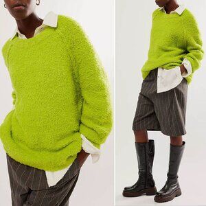 FREE PEOPLE Teddy Sweater Tunic Size L Oversized Lime Green Wool Blend Fuzzy NEW